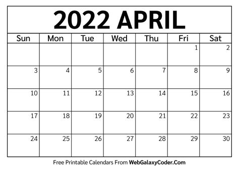 April 2022 Calendar Printable Format Print Now