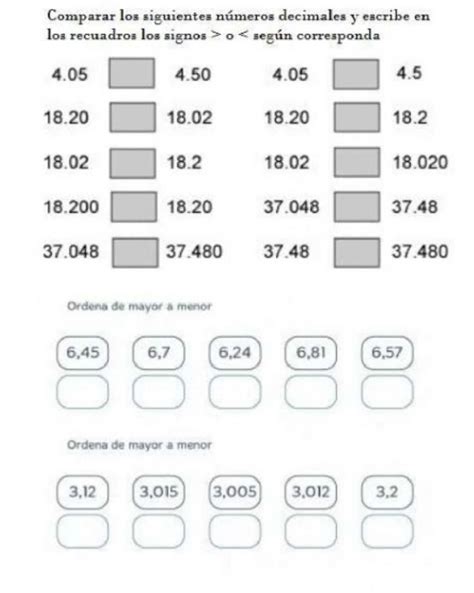 Comparar Números Decimales Worksheet