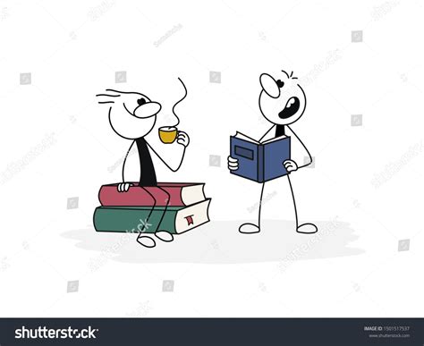 Doodle Stick Figure Man With Cup Siting On Stack Of Books Boy Reading