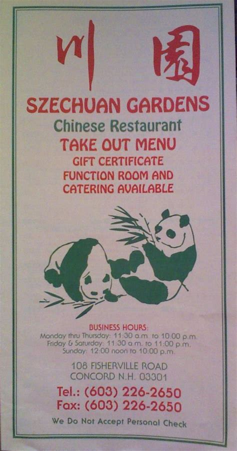 $3.00 charge, minimum order $20.00 (within 4 miles) Menu of Szechuan Garden Restaurant in Concord, NH 03303