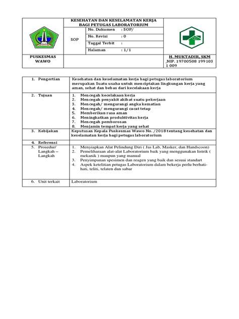 Sop Kesehatan Dan Keselamatan Kerja Bagi Petugas Laboratorium Pdf