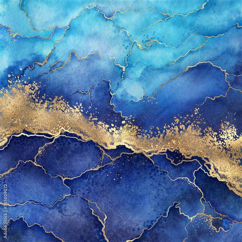 Abstract Blue Marble Background With Golden Veins Painted Artificial