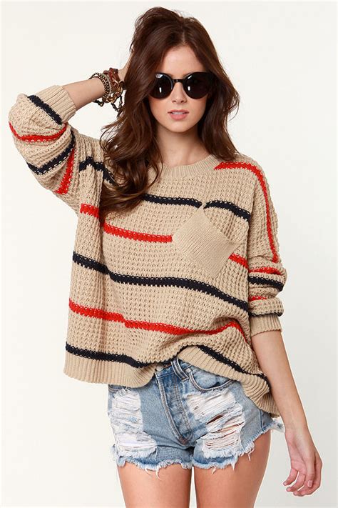Light Brown Sweater Striped Sweater Audrey Sweater 7600 Lulus