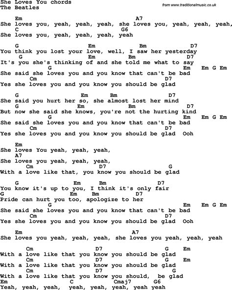 Song Lyrics With Guitar Chords For She Loves You The Beatles