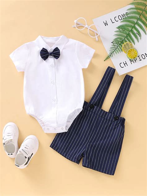 Baby Boy Bow Neck Shirt And Stripe Suspender Shorts Shein Baby Boy Bow