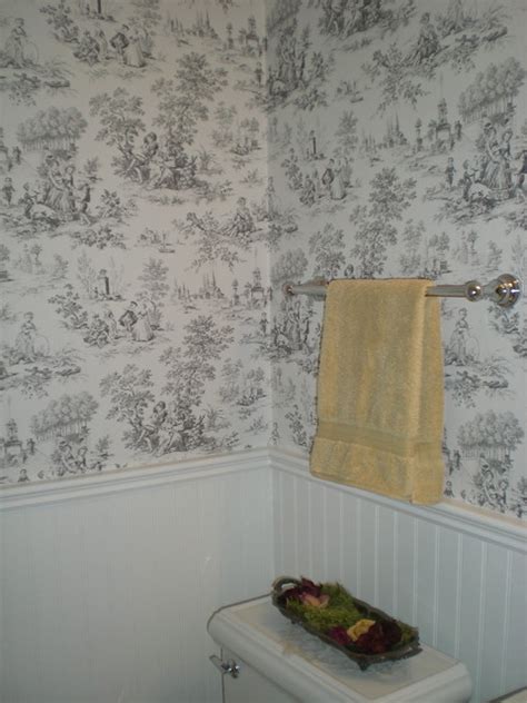 Vintage Style Powder Room Beadboard And Toile Wallpaper Traditional