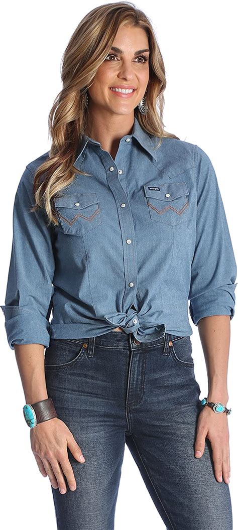 Wrangler Women S Long Sleeve Chambray Snap Front Western Shirt Blouse