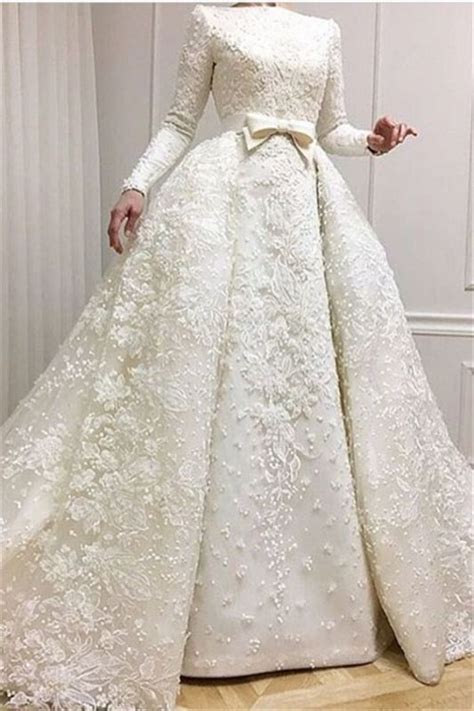 Luxury Beaded Lace Applique Long Sleeves Jewel Ball Gown Wedding Dresses With Over Skirt Cd0071