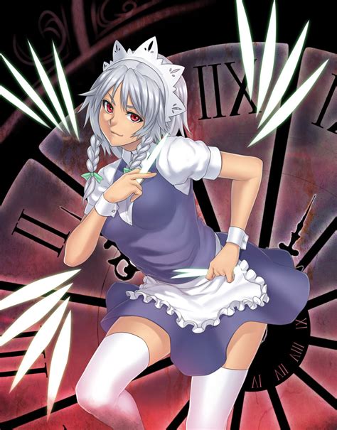 Safebooru Braid Highres Houtengeki Izayoi Sakuya Knife Maid Maid Headdress Red Eyes Short Hair