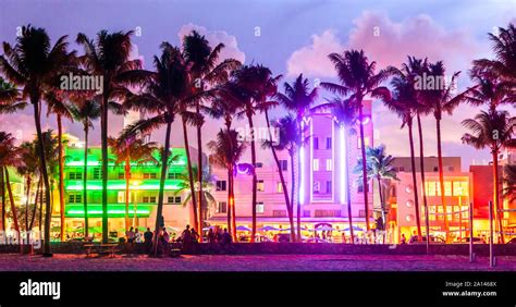 Miami Beach Ocean Drive Hotels And Restaurants At Sunset City Skyline