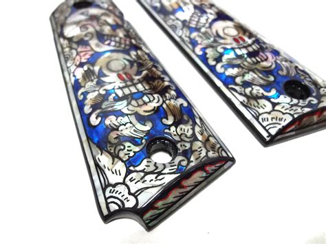 Sri Lanna Mother Of Pearl Inlay 1911 Grips Blue Skull Fit With Colt Sandw