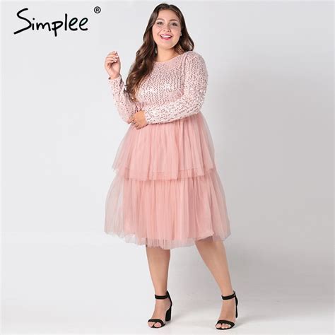 Simplee Sweet Pink Sequin Mesh Long Sleeve Women Dresses Plus Size Lace