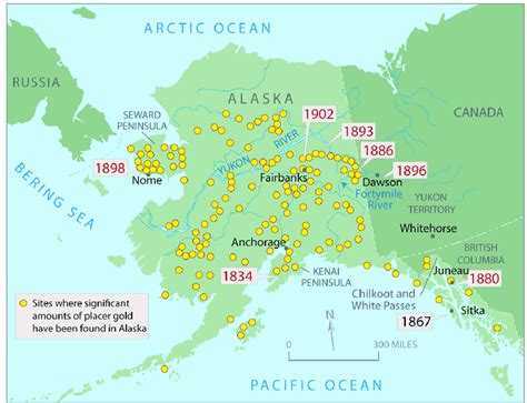 Locations Of Significant Placer Gold Accumulations In Alaska And Years