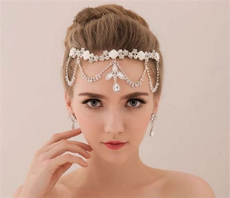 bridal wedding chain rhinestone crystal hair tiara dangle headpiece ca pearl bridal headband