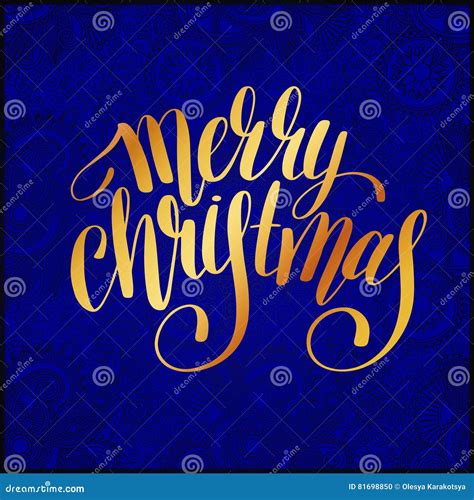 het vrolijke kerstmis gouden kalligrafische hand van letters voorzien op blauw ornament vector