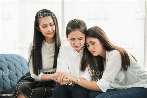 Three Women Are Sad Crying Theyre Comforting Their Sad Friends They