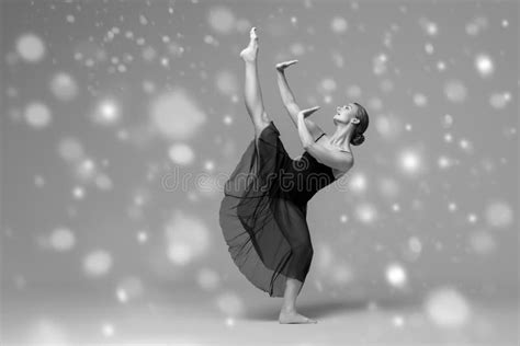 People Beautiful Woman Body On Floor Winter Snow Black And Whit Stock