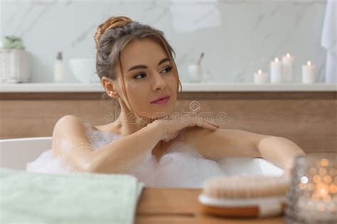 Beautiful Woman Enjoying Bubble Bath Stock Photo Image Of Model