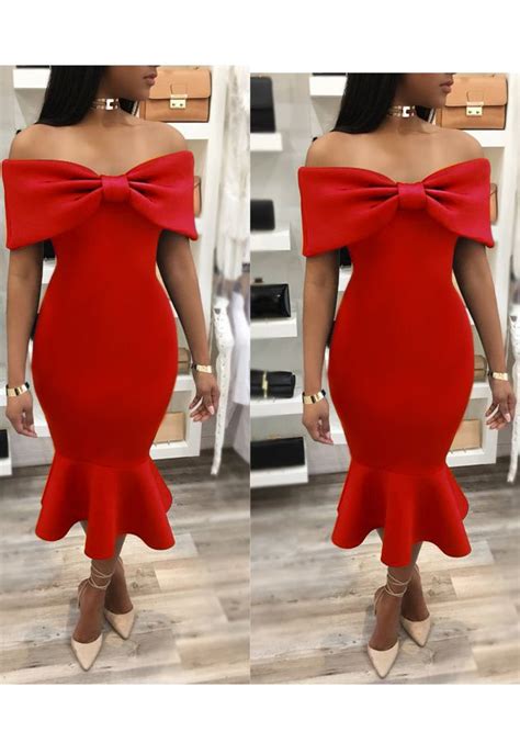 Red Ruffle Bodycon Banquet Mermaid Bowkont Off Shoulder Elegant Party