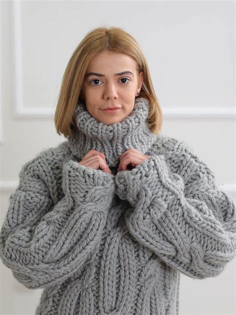Grey Turtleneck Wool Sweater Warm Winter Chunky Pullover Etsy Aran