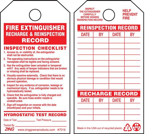 Fire extinguisher checklists to conduct efficient fire extinguisher inspections and promote workplace safety. ZING Fire Extinguisher Tag, Plastic, Height: 5-3/4", Width ...