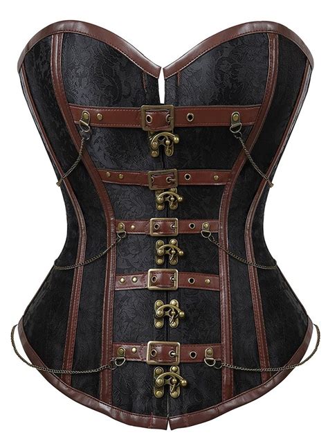 Womens Steampunk Gothic Steel Boned Corset Brocade Bustiers With Chains Black C31872mxoy6