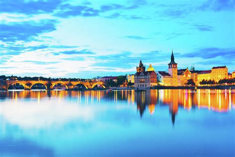 Prague Skyline At Twilight By Moreiso