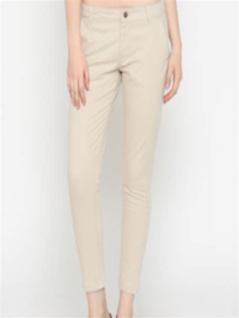 Buy People Women Beige Slim Fit Solid Regular Trousers Trousers For