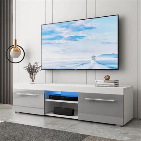 GRAY WHITE MODERN TV Stand High Gloss Cabinet W LED Lights Entertainment Center PicClick
