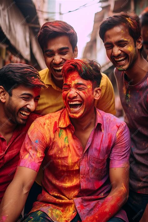 premium ai image a candid moment of indian friends laughing and smearing color on each others