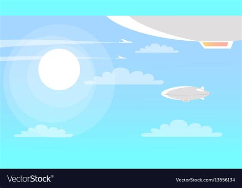Airships Flying In Sky With Clouds And Shining Sun