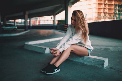 wallpaper women blonde white shirt jean shorts tattoo sneakers sitting nike parking