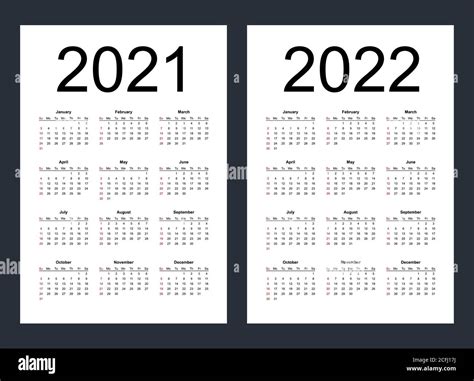 Simple Editable Vector Calendars For Year 2021 2022 Week Starts From
