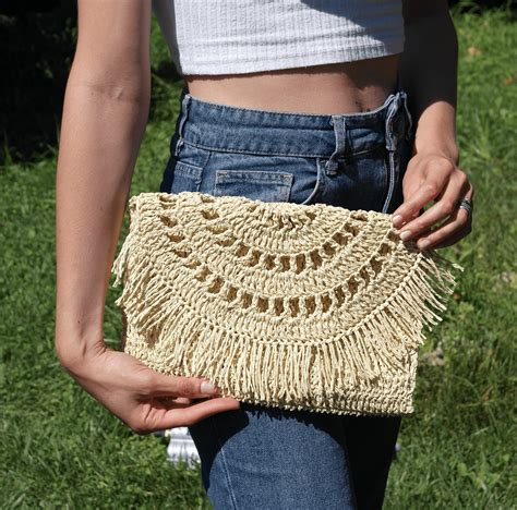 Crochet Raffia Clutch In Natural Summer Fringe Straw Bag Etsy