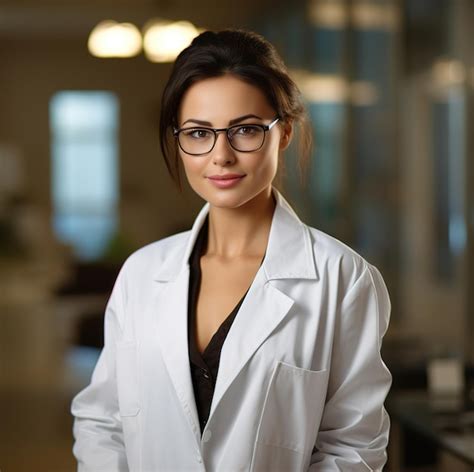 Premium AI Image A Woman In A White Lab Coat Stands In Front Of A Desk