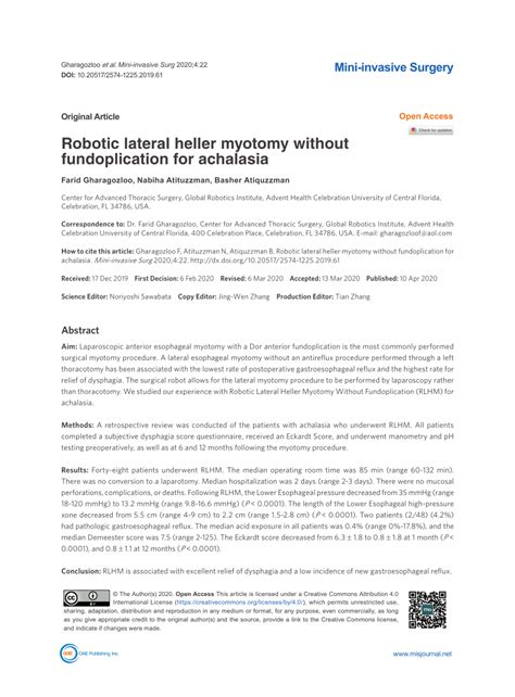 Pdf Robotic Lateral Heller Myotomy Without Fundoplication For Achalasia