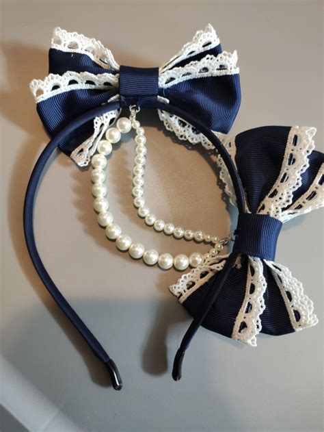 Navy Double Bow Headband With Pearl Strands Hair Accessories Lace