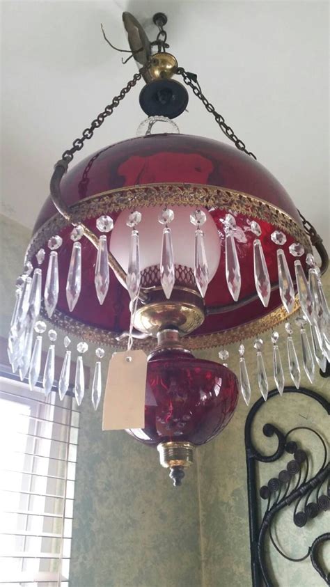 Antique Ruby Red And Crystal Hanging Lamp Circa Early 1900s