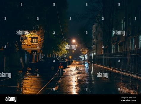 Empty City Street In Rainy Weather At Night Illuminated By City Lamps