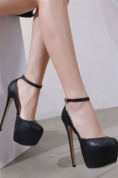 Black Faux Leather Ankle Strap Platform Stiletto High
