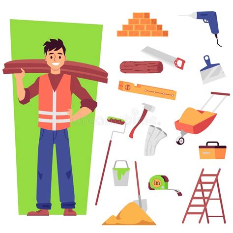 Construction Worker Or Repairman And Tools Vector Illustrations Set