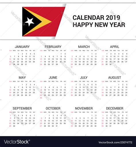 Calendar 2019 East Timor Flag Background English Vector Image