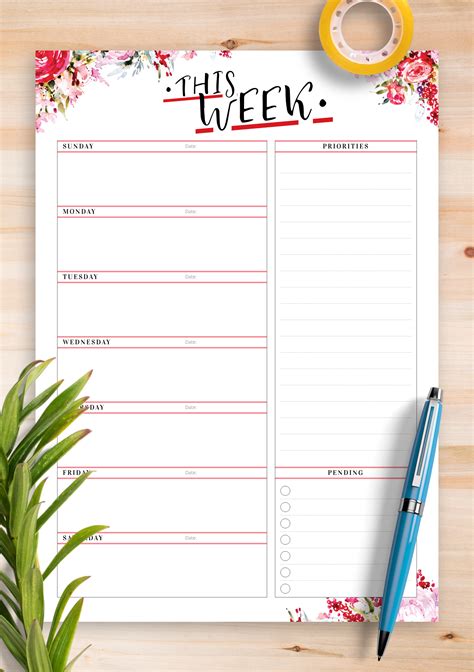 7 Day Weekly Planner Template Printable Calendar 7 Day Weekly Planner