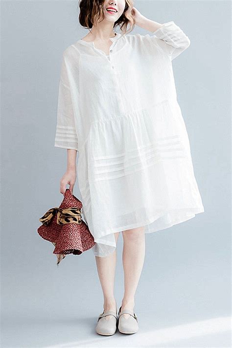 White Casual Big Hem Linen Summer Shirt Dresses Women Clothing Q3108