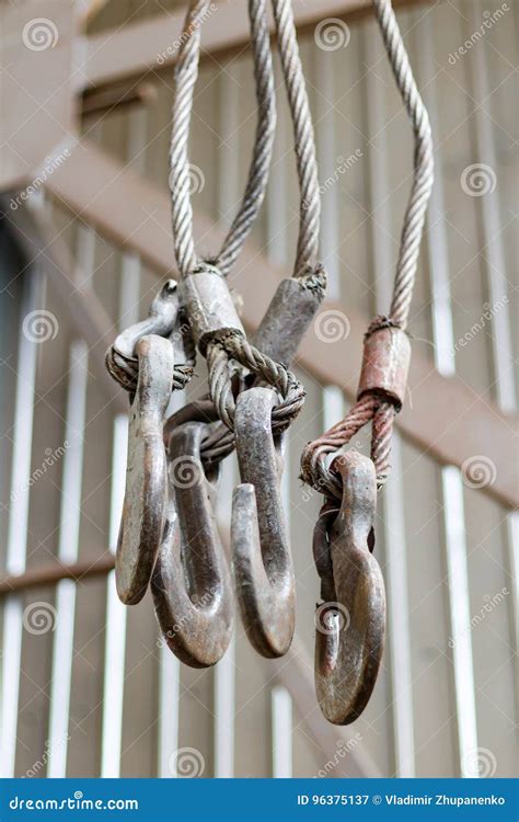 Overhead Crane Hooks Closeup In The Assembly Workshop Stock Image