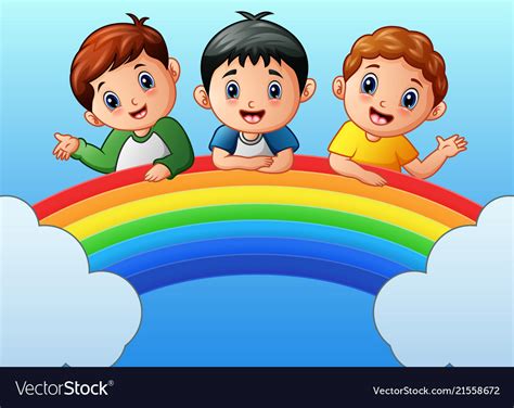 Cartoon Happy Kids On Rainbow Royalty Free Vector Image