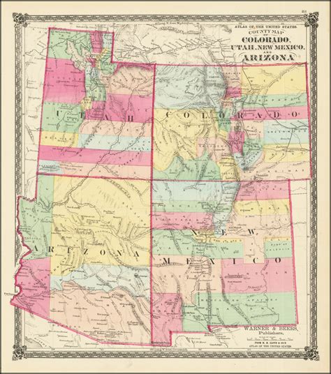 County Map Of Colorado Utah New Mexico And Arizona Barry Lawrence Ruderman Antique Maps Inc