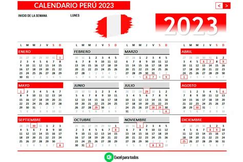 Calendario 2023 Perú Con Feriados Descarga En Excel Y Pdf