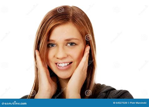 Teenage Happy Woman Holding Both Hands On Cheeks Stock Photo Image Of