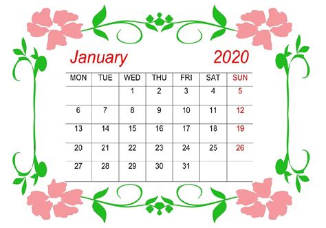Cute January 2020 Calendar Template Calendar Printables January